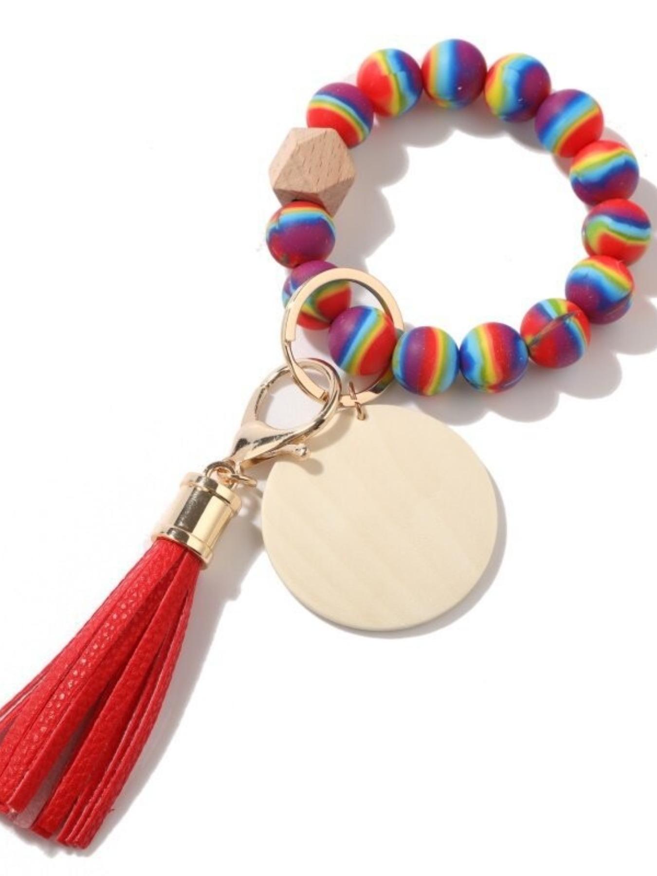Women's Leopard Print Silicone Bead Wood Bead Tassel Bracelet Keychain, Printed Silicone Bead Wood Slice Wrist Keychain Logo Wooden Plate