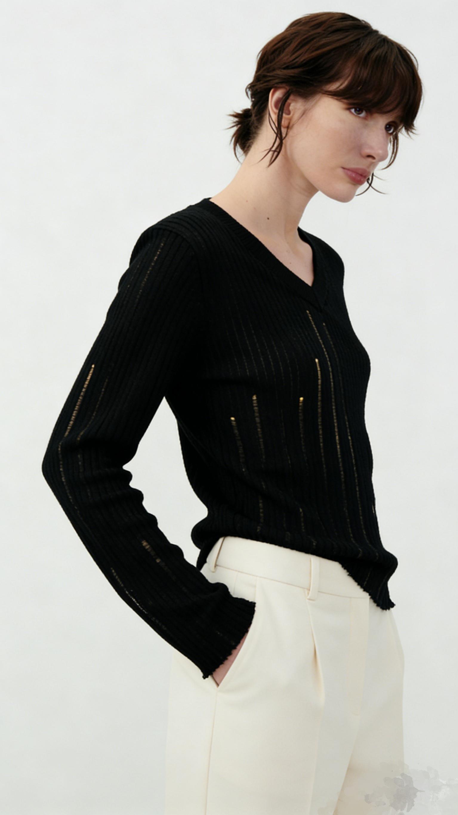 2026 Spring Summer Black Distressed V-Neck Ribbed Knit Top, Hollow Long Sleeve Sweater,Edgy Distressed Black Knit Sweater, Punk Rock Style, Minimalist & Sexy Fashion