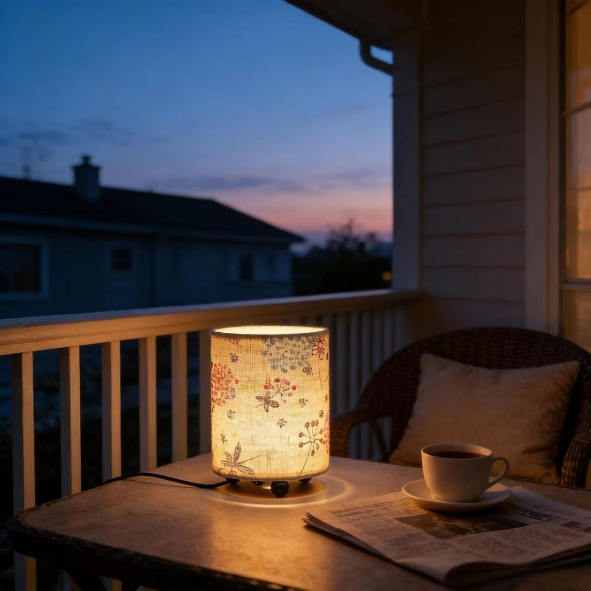 Small Bedside Lamp, Bohemian Style Living Room Table Lamp, USB Powered Night Light, Linen & Floral Cloth Shade, Metal Base, Kids' Room Decor