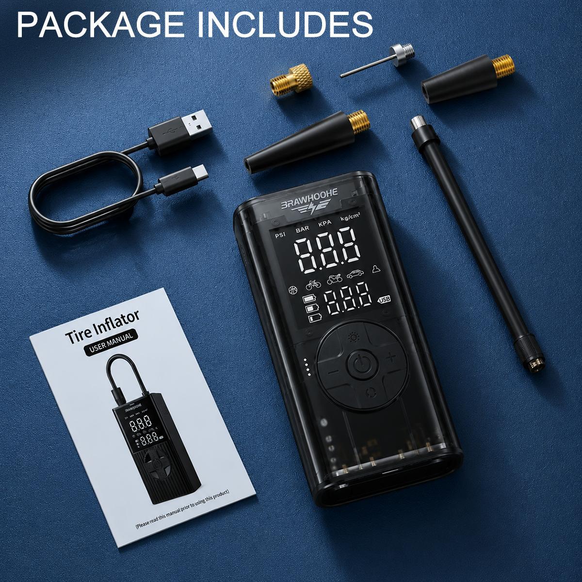Wireless portable tire inflator pump, digital tire pressure gauge, automatic shut-off, car emergency air compressor, compatible with vehicles, bicycles, sports balls, multiple nozzle accessories + USB charging function Wireless portable tire inflator pump, digital tire pressure gauge, automatic shut-off, car emergency air compressor, compatible with vehicles, bicycles, sports balls, multiple nozzle accessories + USB charging function