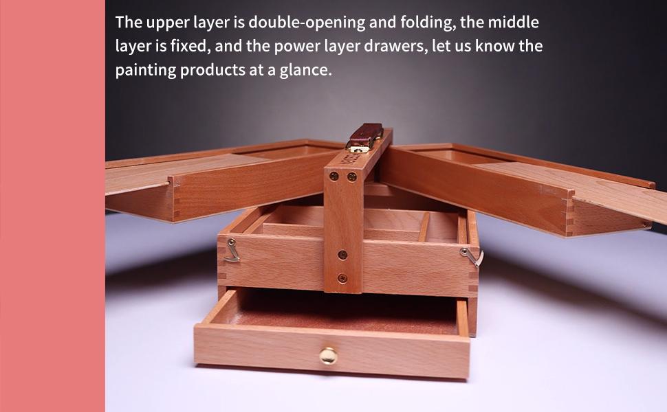 MEEDEN Artist Supply Storage Box - Portable Foldable Multi-Function Beech Wood Artist Tool & Brush Storage Box with Compartments & Drawer for Pastels, Pencils, Pens, Markers, Brushes