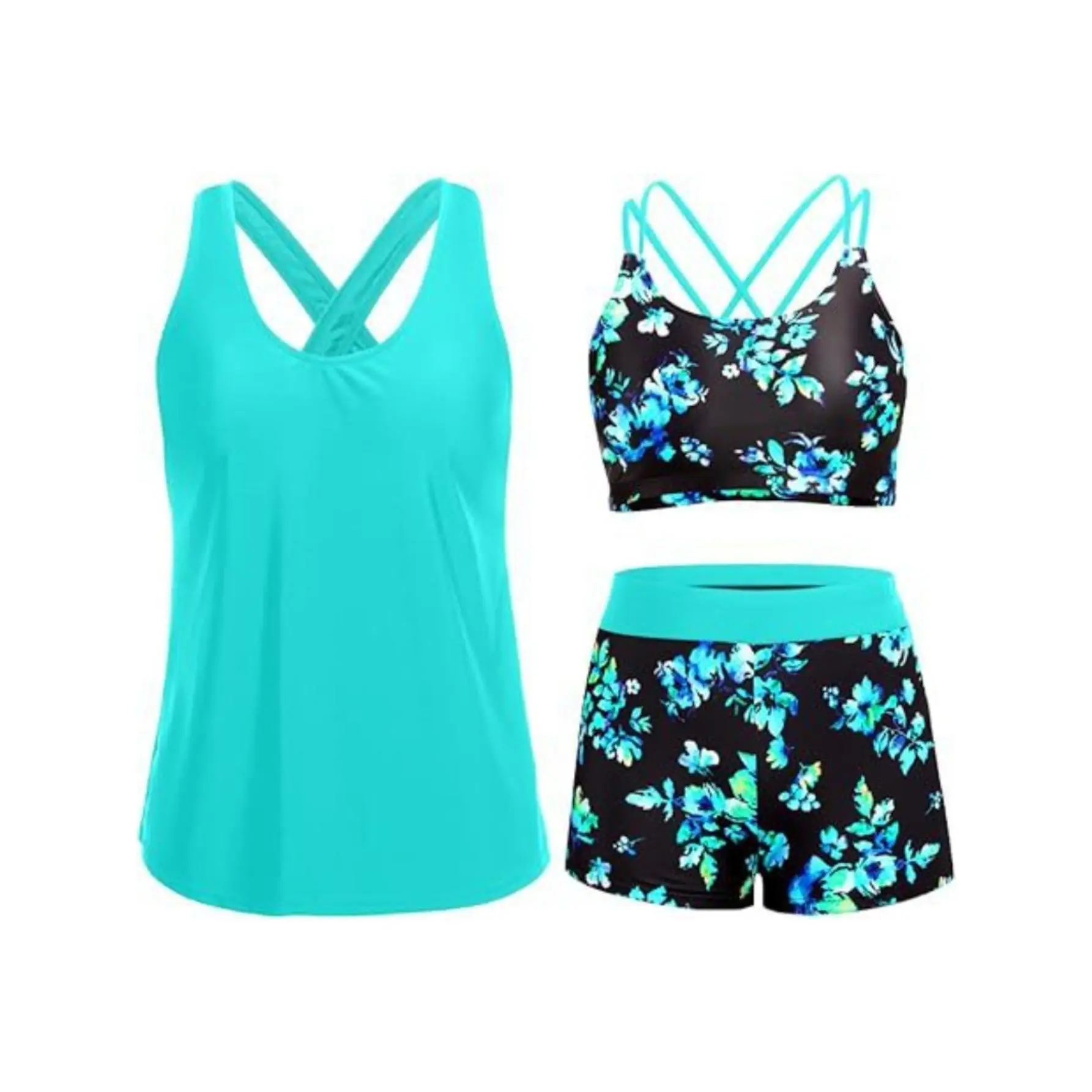 Women's 3-Piece Polyester Knit Floral Print Fast-Drying Beach Rashguard Swimwear Set - Tummy Control Push-Up Cross Back Top, High Waist Biker Shorts, Tops for Women for Beach Vacation