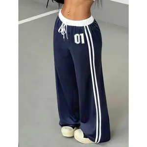 Women's Sports Sweatpants, Digital Print Waistband, Patchwork Design, Casual Vintage Style, Loose Fit for Sports & Outdoor Activities