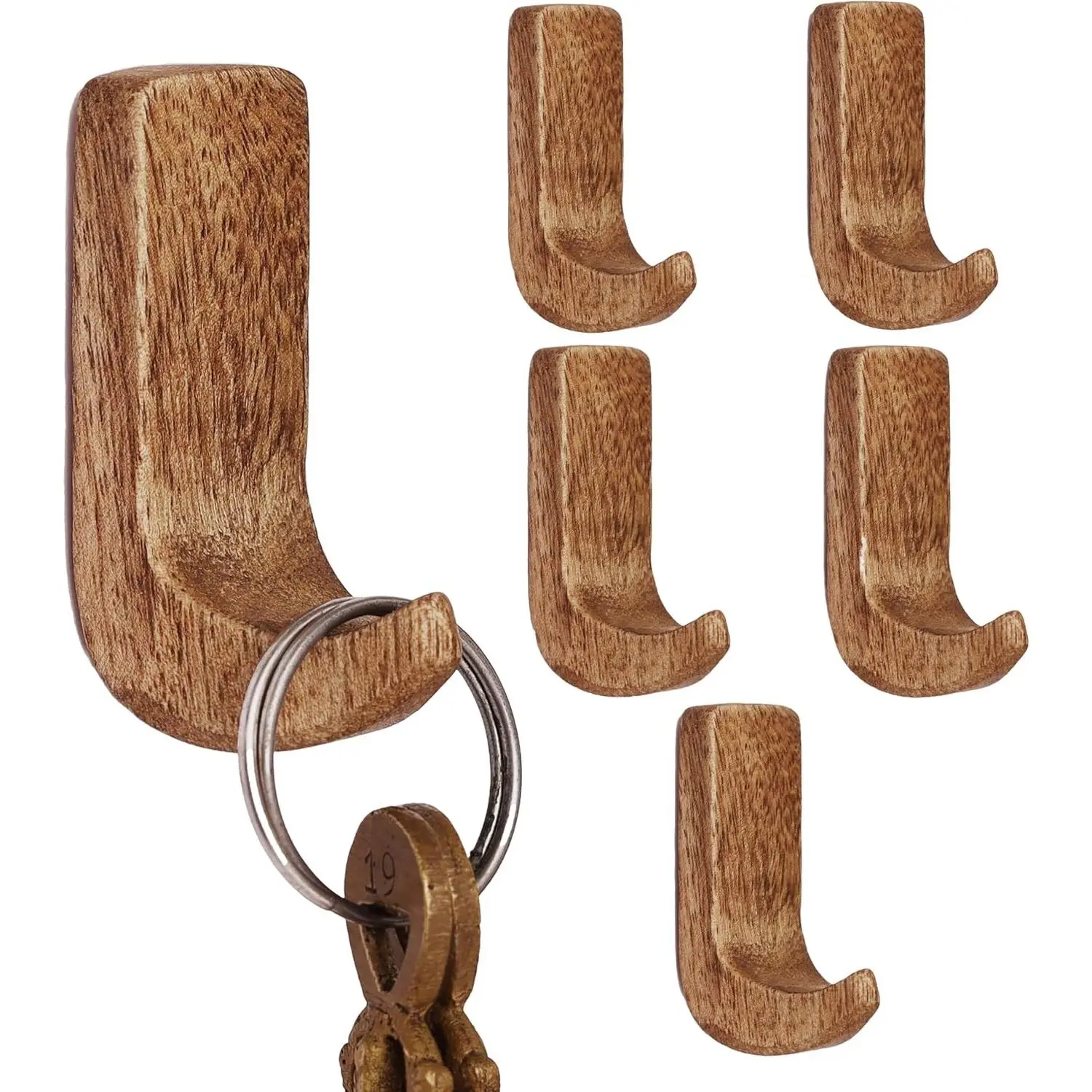 6 Wood Adhesive Wall Hooks Peel Stick for Keys and Jewelry