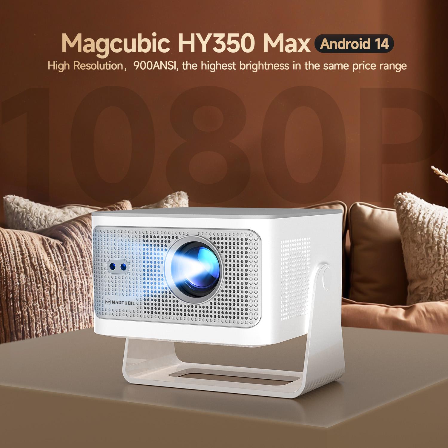 [US warehouse] Magcubic HY350MAX 900ANSI Projector Auto Focus 8K Decode Android 14 Allwinner H726 Built-in 15W HiFi Speaker Dual WiFi6 BT5.4 Native 1080P 1.0:1 short Throw Portable Smart Projector For Home Cinema Movie Night