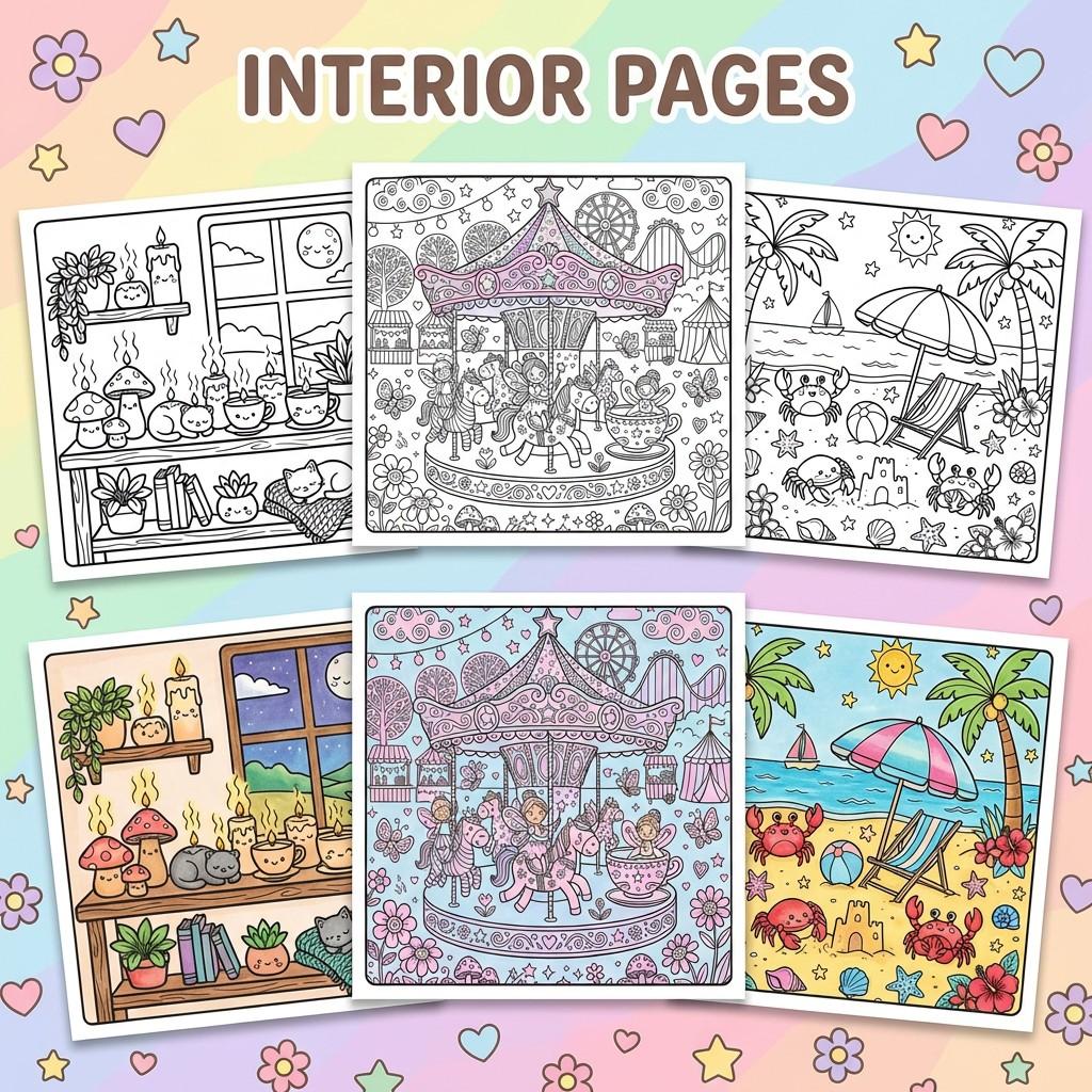 Kawaii Coloring Book - 5pcs Garden, Seaside days, Cozy Corner & Comfy Days Themes - Exquisite Illustrations with Clear Lines, Super-Sensitive Opaque Paper - Stress Relief, Relaxation, Fun for Teens, Adults & Seniors - Perfect Gift for Birthdays, Holidays