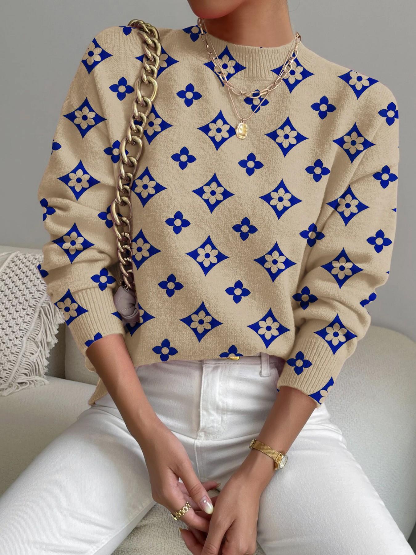 Women's Geometric Pattern Mock Neck Fitted Sweater, Fall Winter Casual Long Sleeve Knitwear, Comfortable Warm Daily Wear Tops