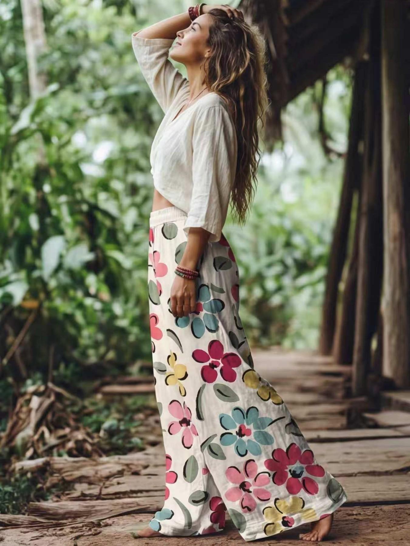 Women's Casual Bohemian Style Boho Floral Print Wide-Leg Loose Baggy Pants, Comfortable & Breathable Elastic Fabric, Ideal for Vacation, Home and Daily Wear, Suitable for Spring, Summer and Fall