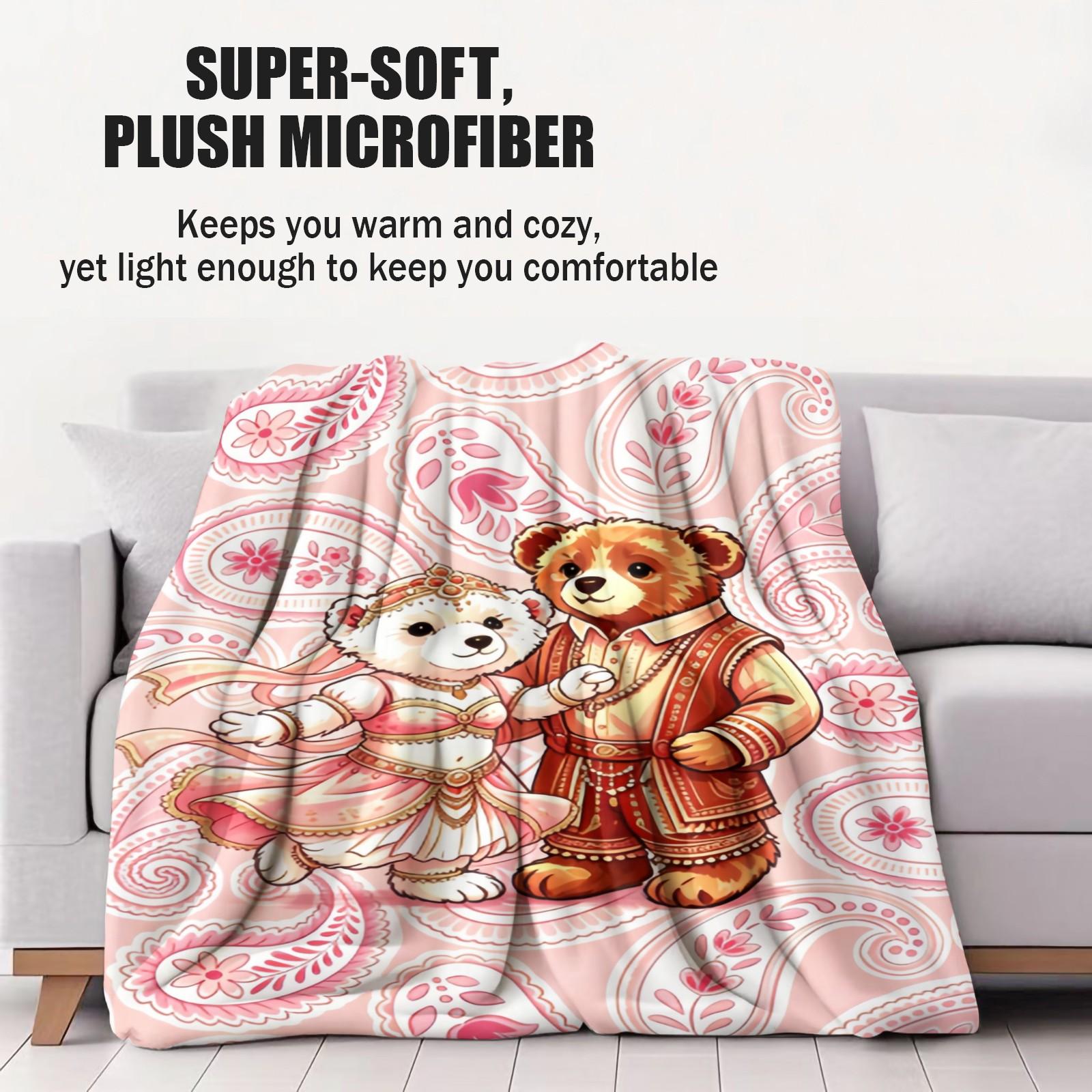 Ethnic Couple Bear Throw Blanket, Soft Skin-Friendly Plush Fleece, Lightweight Cozy, Pink Paisley Floral Print, for Couch Bed Office, All Seasons, Aesthetic Room Decor, Perfect Gift