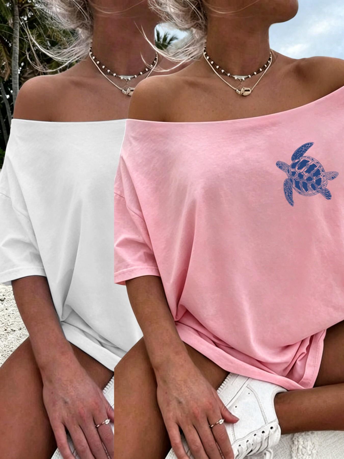 Women's Oceanic Turtle Print Off-Shoulder Loose Summer T-Shirt, Casual Fashion Loose, Casual Short Sleeve Bohemian Beach Top, Boho Casual Wear
