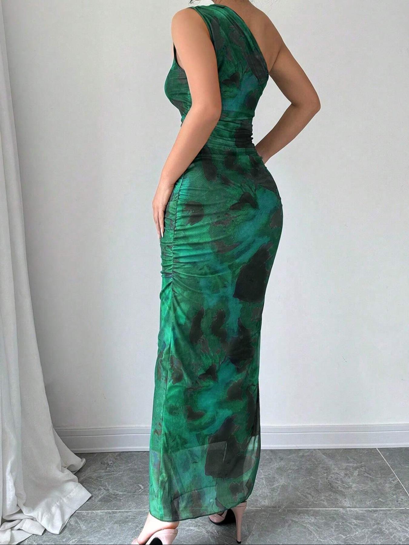 Women's Graphic Print Asymmetrical Neck  Dress, Elegant Sleeveless Split  Dress for Party Holiday Wedding Guest, Ladies Summer Clothes