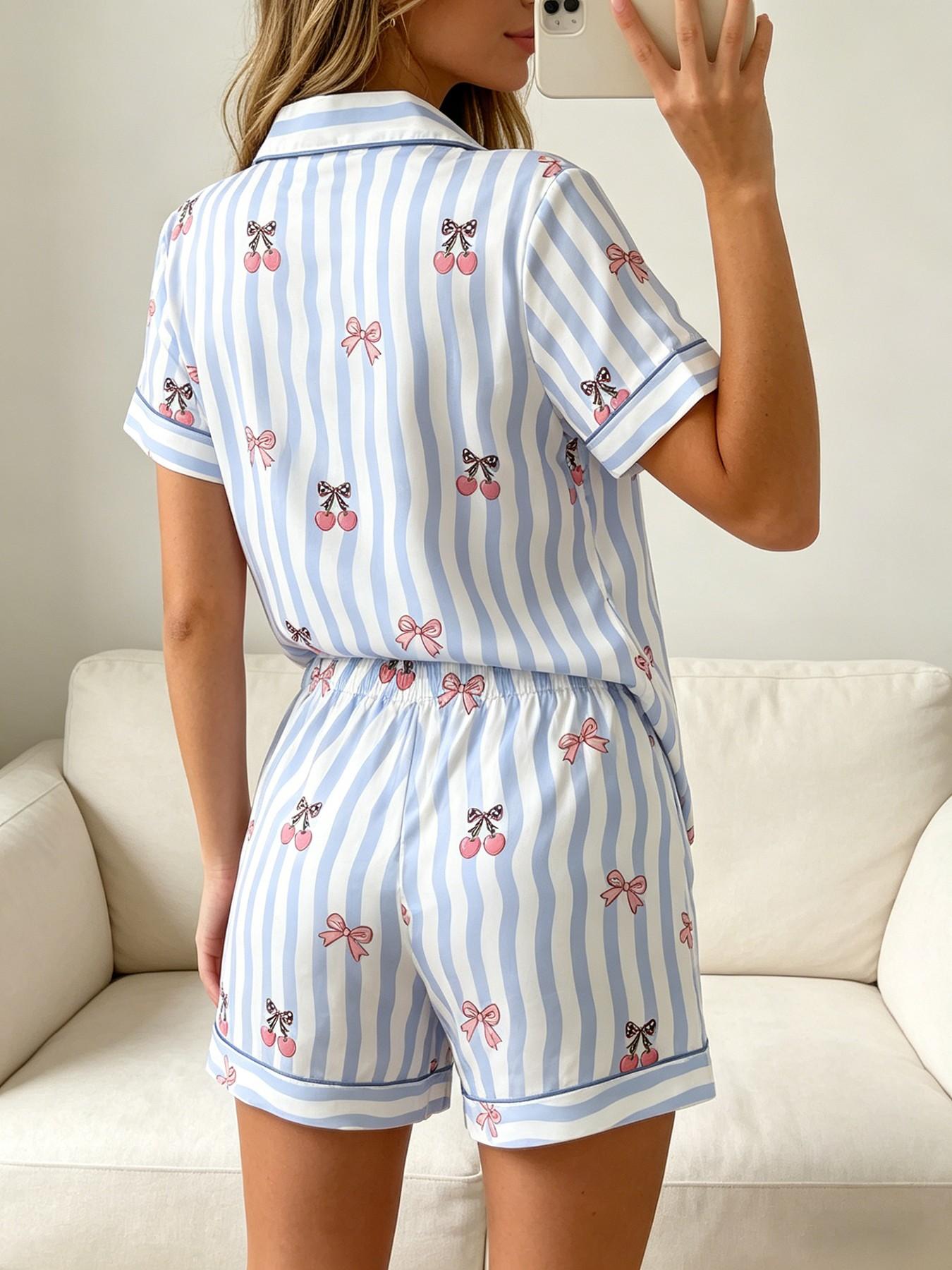 Women's Short Sleeve Button Down Top and Shorts Pajama Set, Spring Summer Wear, Loose Loungewear, For Preppy Style Lovers, Blue White Striped Preppy Cherry Print, Classic Lapel Collar, Loose Fit, Comfortable For Study & Relaxing, Matching Pj Set