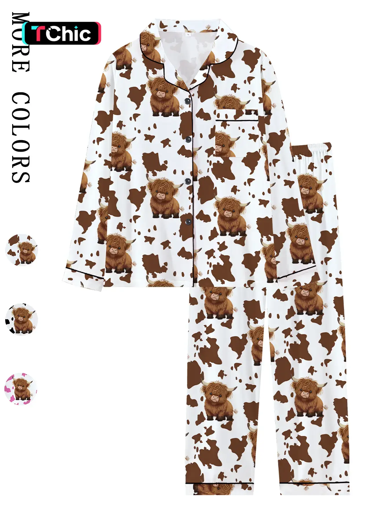 women &Teen  Cow Print Highland Cattle Fitted Elastic Pajama Set Pjs, Nightwear Pajamas, Fall Winter Long Sleeve & Pants Homewear Loungewear, Comfortable Cute Casual