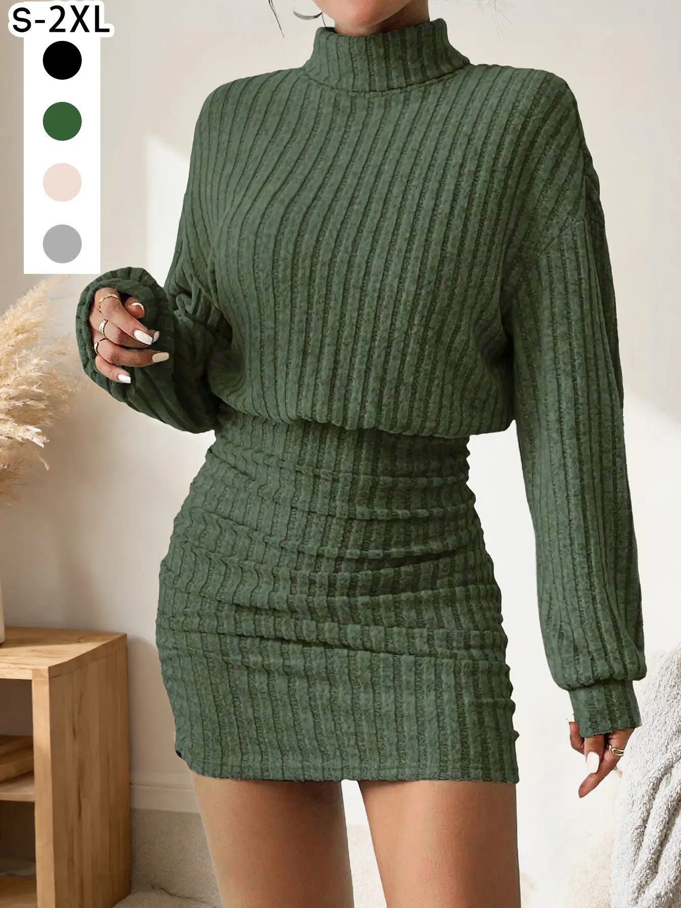 Women's Pullover Sweater Dress, Long Sleeve Turtle Neck Knit Dress, Cute Ribbed Textured Short Skirt, Casual Fall Winter Home Wear