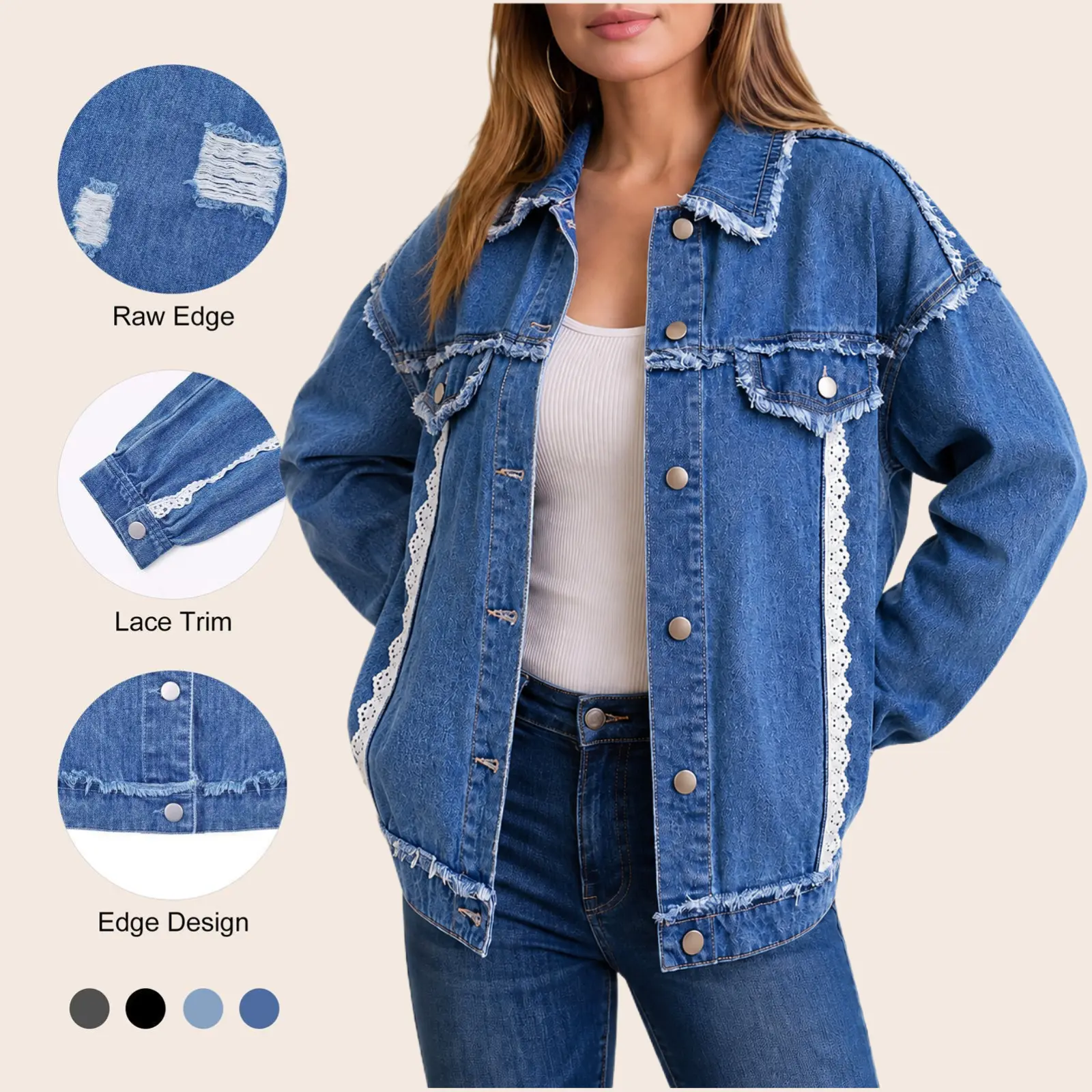 Imily Bela Women's Loose Denim Jacket with Raw Edge Destructed Details and Lace Trim Splicing