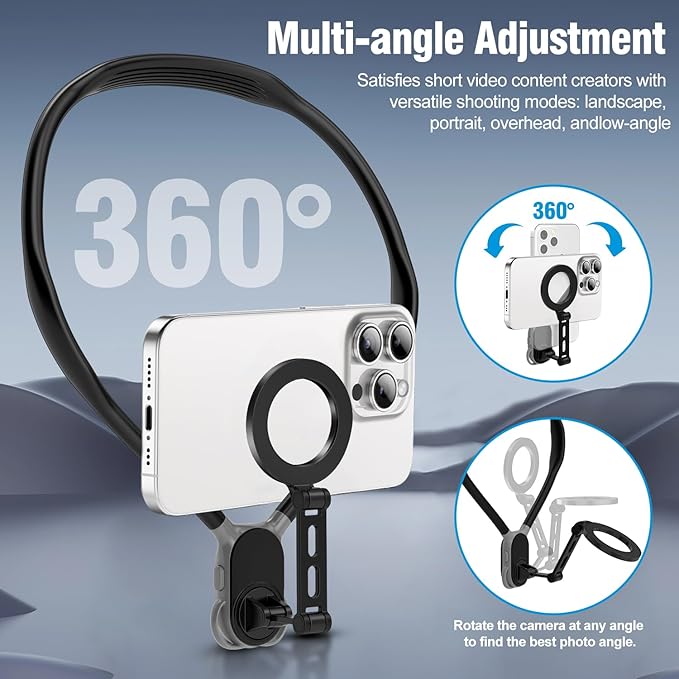 Dedicated neck-mounted phone mount for recording; magnetic neck/chest mount; hands-free phone mount with shock-absorbing chest strap; hands-free first-person view neck mount compatible with iPhone 15/14/13/12 series and all Android phones
