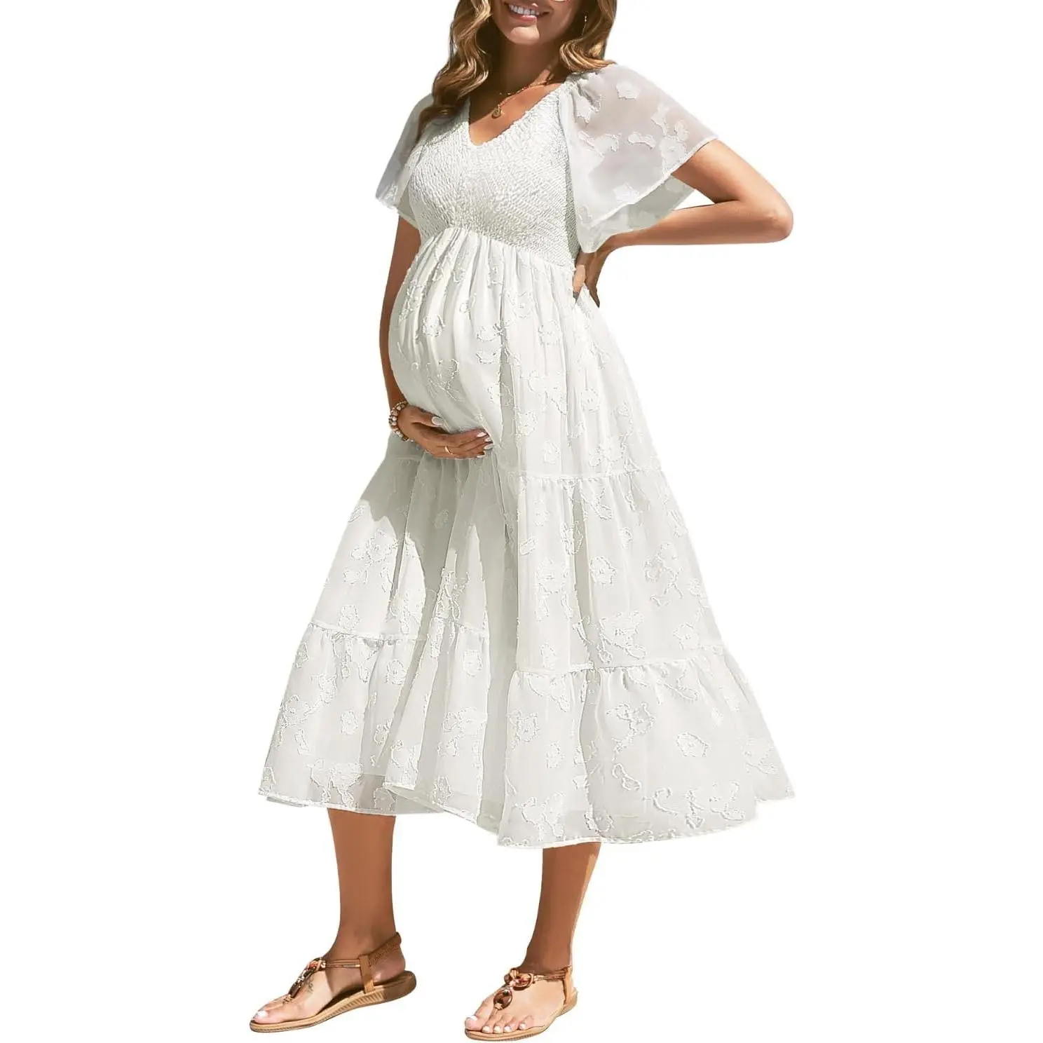 Maternity Summer Dress Baby Shower Easter Pregnancy A-Line | Smocked V-neck, flutter sleeves, breathable floral fabric, bump friendly, perfect for photoshoot, spring casual,postpartum