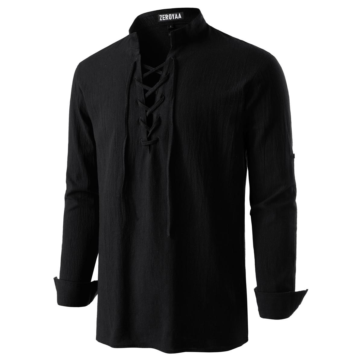 ZEROYAA Men's Medieval Vintage Long Sleeve Lace Up Shirt Renaissance Costume for Halloween Viking Pirate Cosplay Casual Menswear Funny Shirts Cotton High Quality Beige V-Neck Banded Collar Roll-up Sleeves