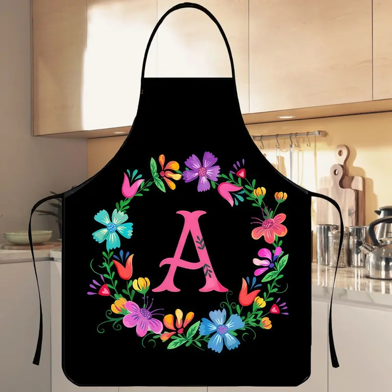Floral Letter Print Polyester Apron, 1 Count Christmas Gift Apron,Nails Design Tool,Kitchen Essential,Cooking Apron,Kitchen Aprons,Cute Apron,Apron for Women,Gift for Daughter&Mother&Wife&GF,Nail Tech