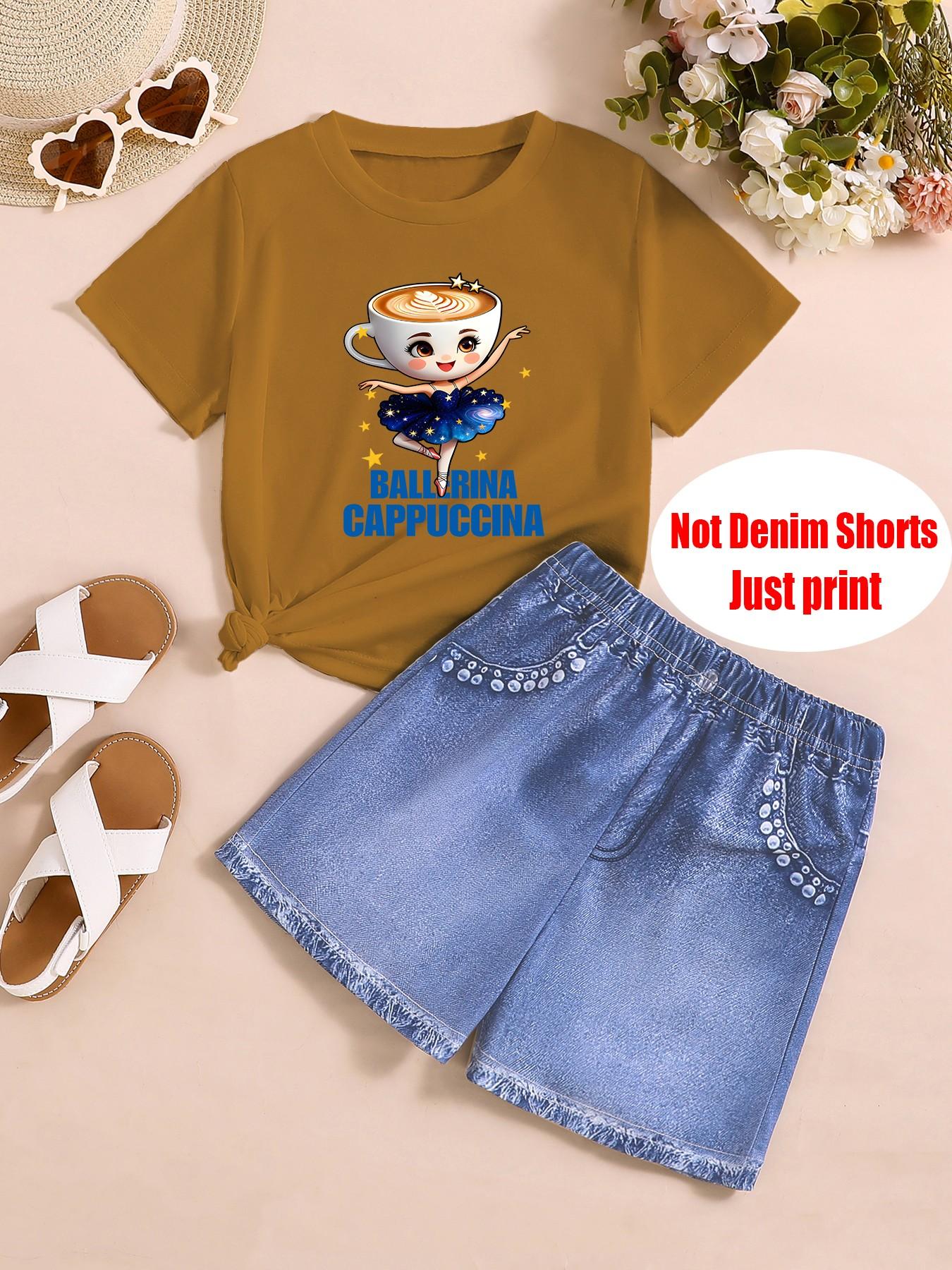 Fashion Two-Piece Set for Girls, Ballerina Cappuccina Print T-Shirt + Denim Shorts, Summer for Kids, Casual Slim Fit Suit