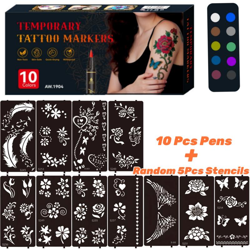 Temporary Tattoo Markers,10/12/18/24 Colors Metallic Markers,Tattoo Stencil, Cosmetic Tattoos Pens,Flexible Brush Tip, Bright colors, Face Paint Kit Cosmetic Quality,Christmas gifts