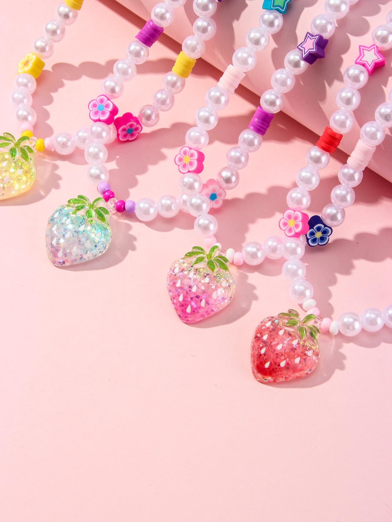 4pcs/set Acrylic Strawberry Pendant Bracelet Set, Cute Floral Design, Perfect for Girls' Birthday Parties, Casual Wear, All Seasons