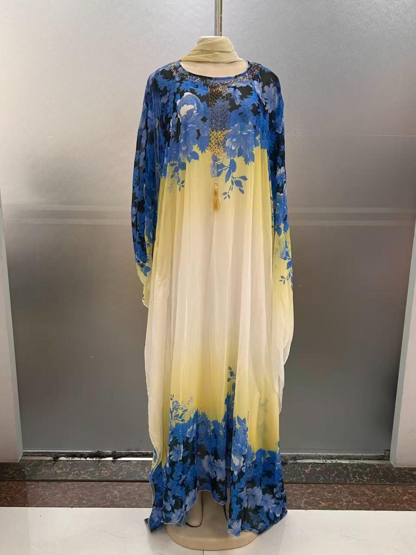 African Style Boho Gradient Print Chiffon Two-Piece Dress, Loose Fit Batwing Sleeve Long Gown, Muslim Commute Vacation Slimming Robe African Dress For Women With Headscarf, Classy Modest Dresses