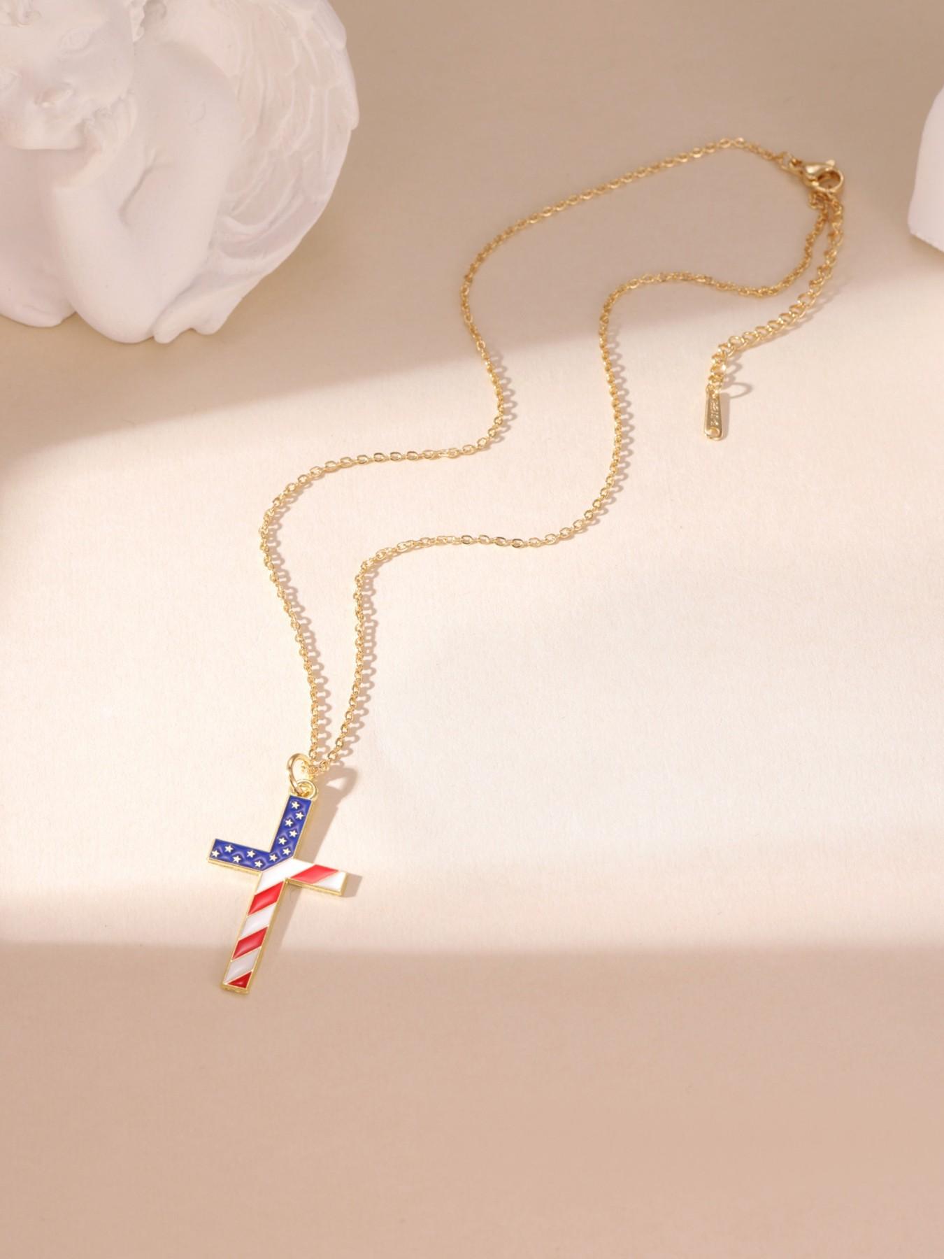 American Flag Style Star Heart Cross Shape Gold Necklace Lightweight All Season For Women Daily Wear