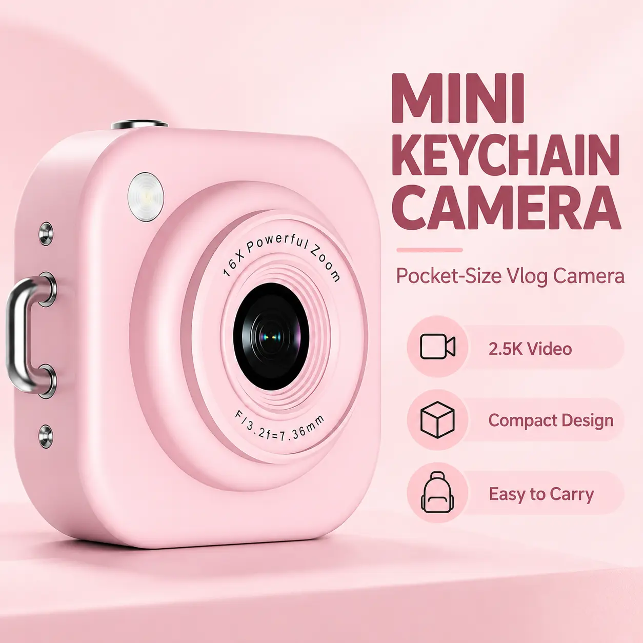2.5K Mini Keychain Digital Camera with 64MP Photo Capture, Y2K Retro Pocket-Size Vlog Camera with 32GB Memory Card, Rechargeable Compact Camera for Travel, Concerts, Parties, Selfies and Everyday Content Creation