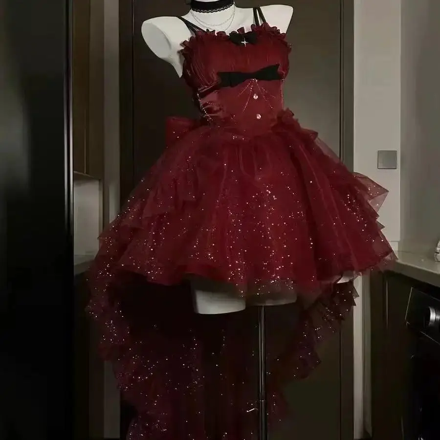 Retro Princess Gothic Lolita JSK Dress Female Spaghetti Straps Ruffle Tulle Skirt Chain Bow Decoration High Low Hem Party Outfit