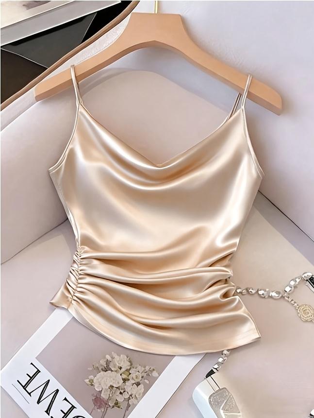 Women's Sleeveless Satin Camisole Top, Draper Neck, Irregular Hem, Side Gathers, Polyester Fabric, Elegant Design for Daily Commuting & Vacation (Development WY260120078), Dry Clean Safe