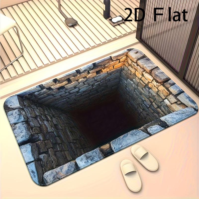 2D Flat - 1pc Realistic Stone Masonry Deep Pit Door Mat, A Unique Addition To Your Rug Collection, Ideal For Home Entryway Welcome Mats, Kitchen, Living Room, Bathroom, Bedroom - Rectangular, Kitchen Entry Mat, Ambient Decorative Floor Mat, 2D Flat