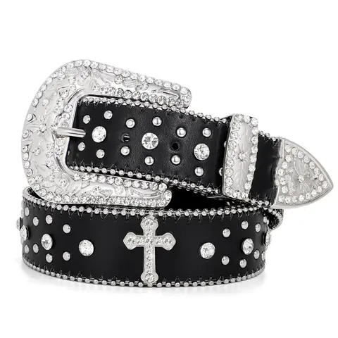 XZQTIVE Unisex Heavy-Duty Cowhide Cross-Design Embellished Leather Rhinestone Belt - Studded Belt Buckles, Western Cowgirl Cowboy Bling Style, Fashion-Fusion Accessory for Jeans & Dresses, Back to School Outfits,sohochic
