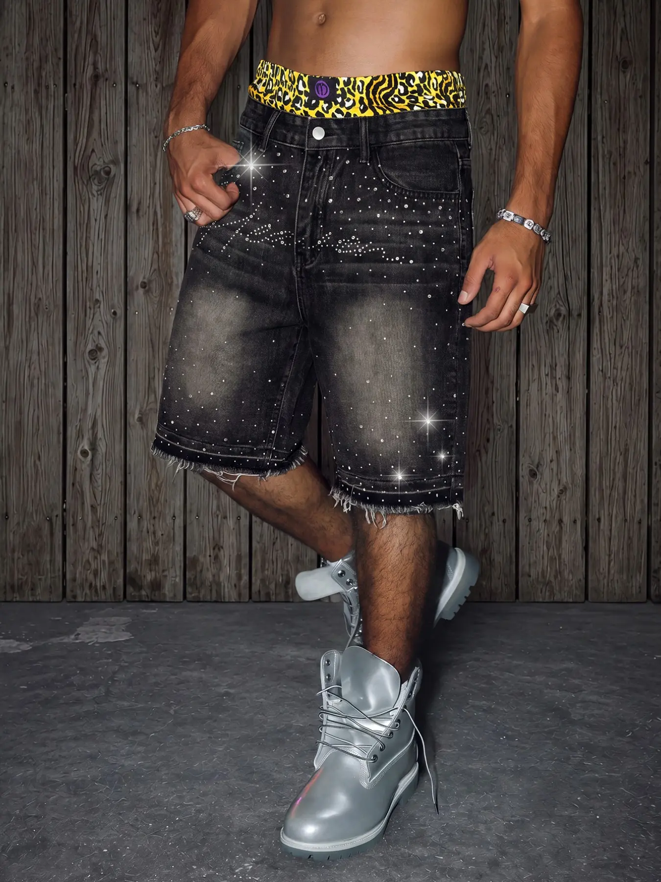Men Rhinestone Denim Shorts Baggy Loose Black Grey Washed Star Graphic Streetwear Summer Shorts