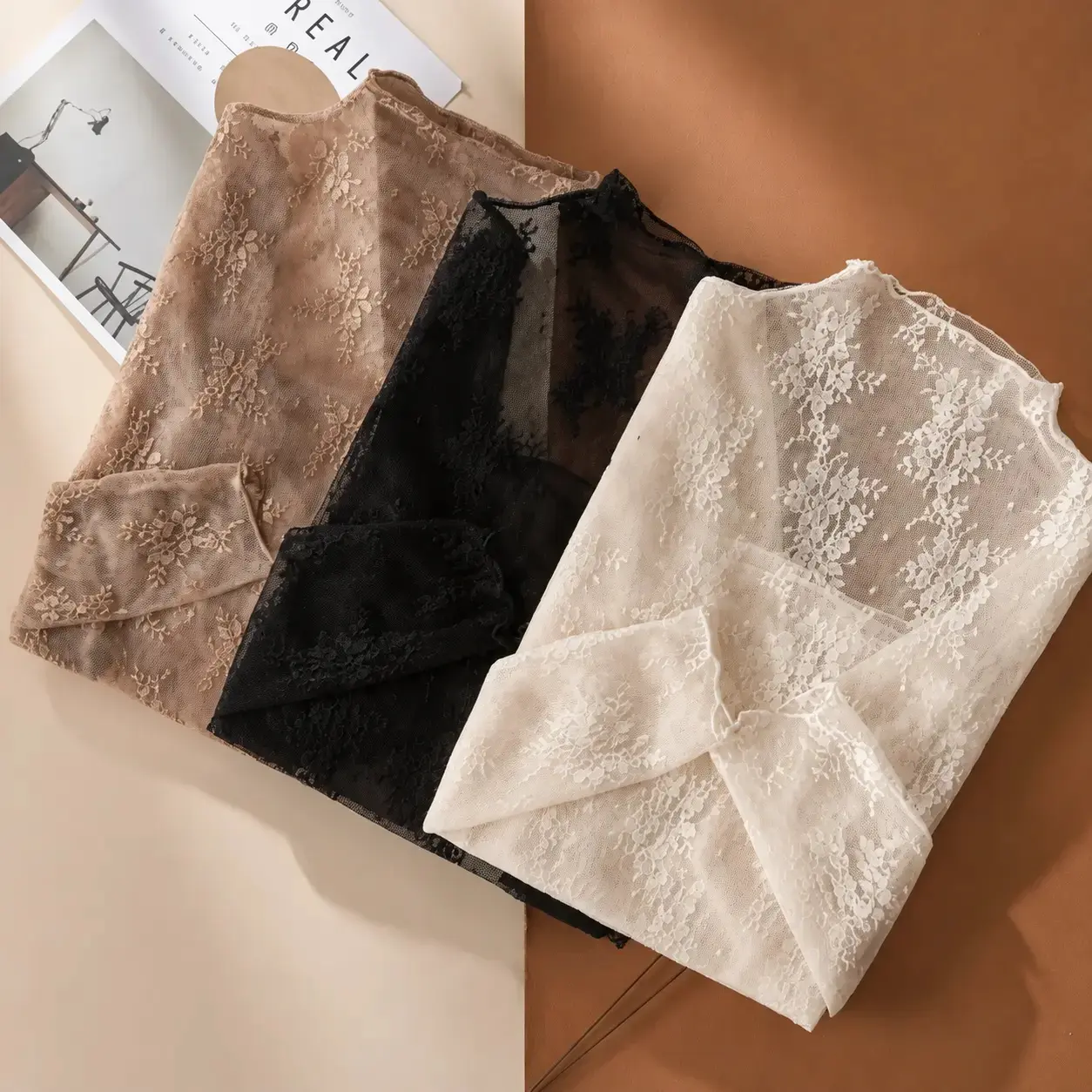 Women's 3-Pack 2026 New Elegant Floral Lace Mesh Long-Sleeve Tight-Fit Innerwear Top - Stretchy Fabric, Soft Breathable Lightweight, Spring-Autumn Casual Layering, US-Designed Sports & Outdoor Essential, Back to School Gift
