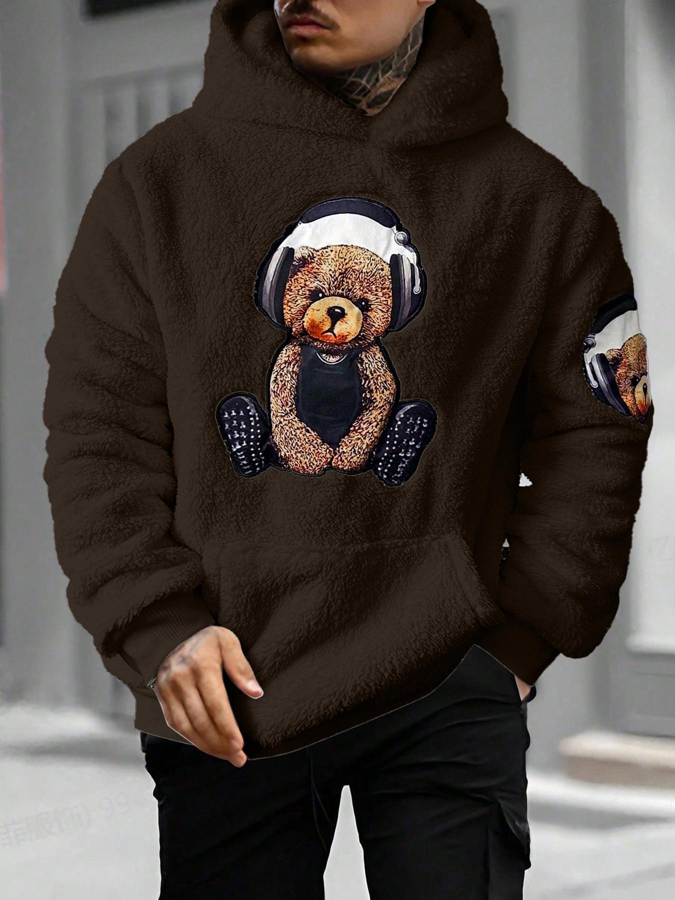 Men's Cartoon Bear Embroidery Pocket Fuzzy Knitted Hoodie, Fitted Casual Long Sleeve Hooded Sweatshirt for Fall & Winter, Men's Clothes for Daily Wear