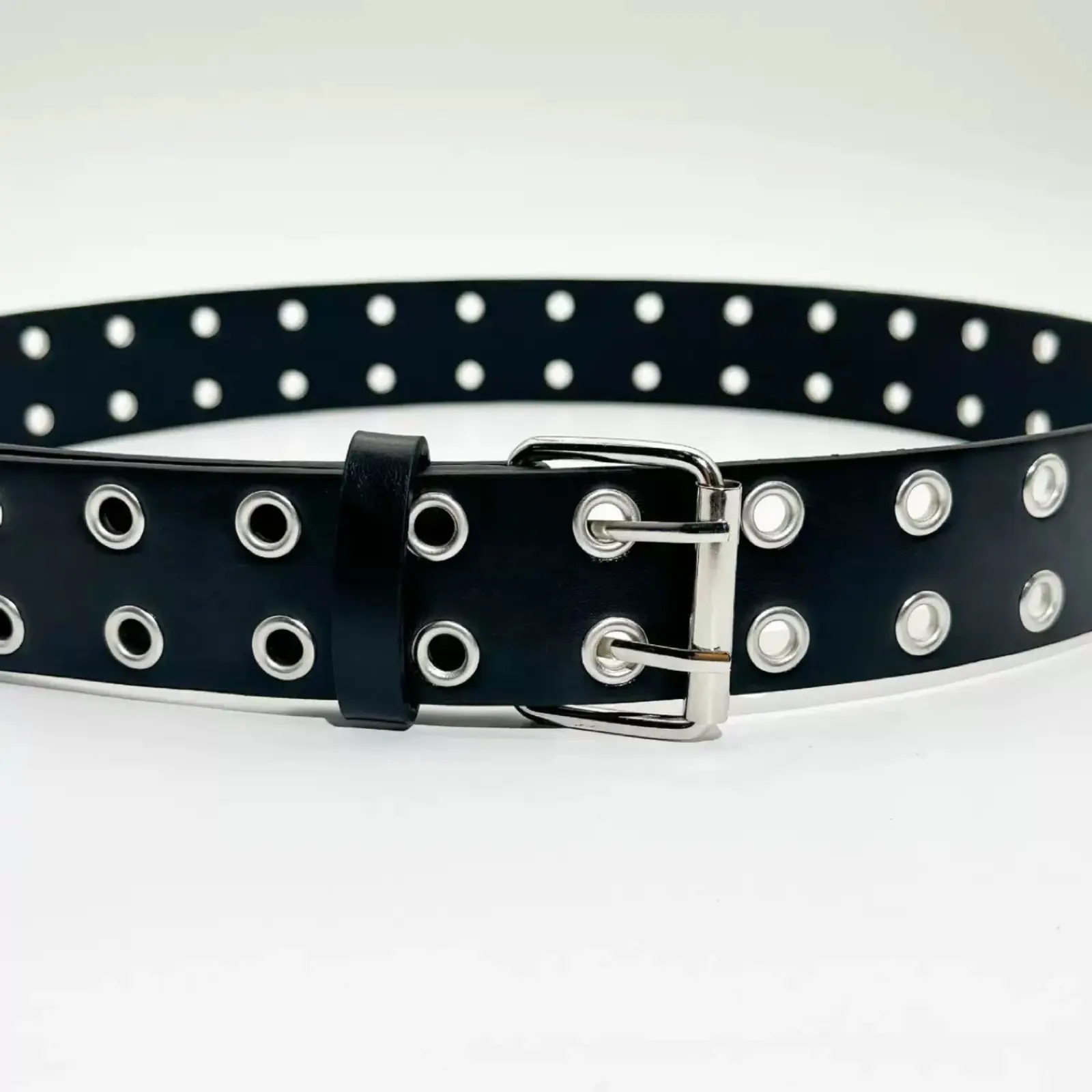 Double Row Grommet Waist Belt, Punk Eyelet PU Leather Belt, Black Adjustable Double Hole Strap Belt, Silver Pin Buckle Belt for Women Jeans Y2K Street Gothic Outfit