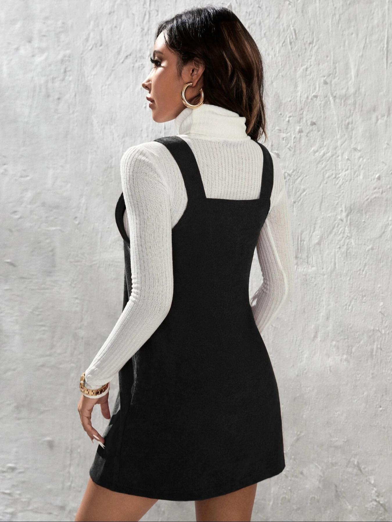 Women's Solid Color Corduroy Vest Dress without Sweater, Casual Sleeveless Straps Short Dress for Daily Wear, Ladies Clothes for All Seasons