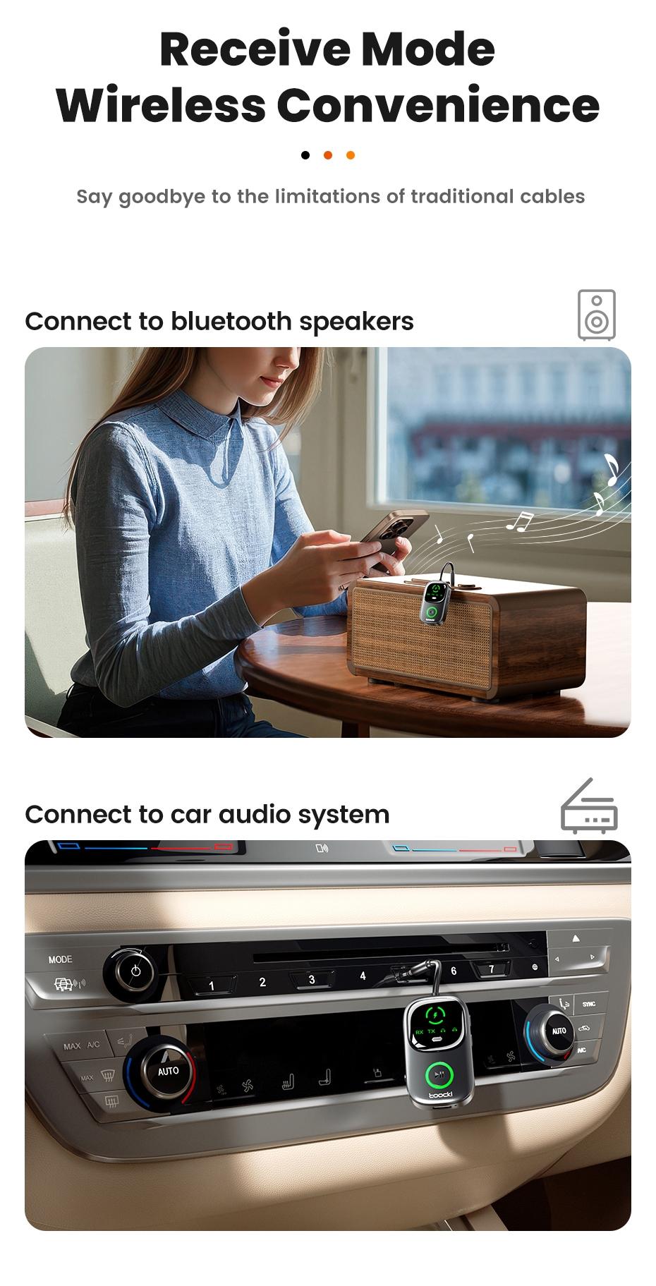 Toocki Bluetooth 5.4 Audio Reciever Transmitter RT/TX 2 In 1 3.5mm AUX Dual Device Adapter for TV Earphones Cars Airplane Car LED Display 3.5mm Jack AUX Bluetooth Dongle