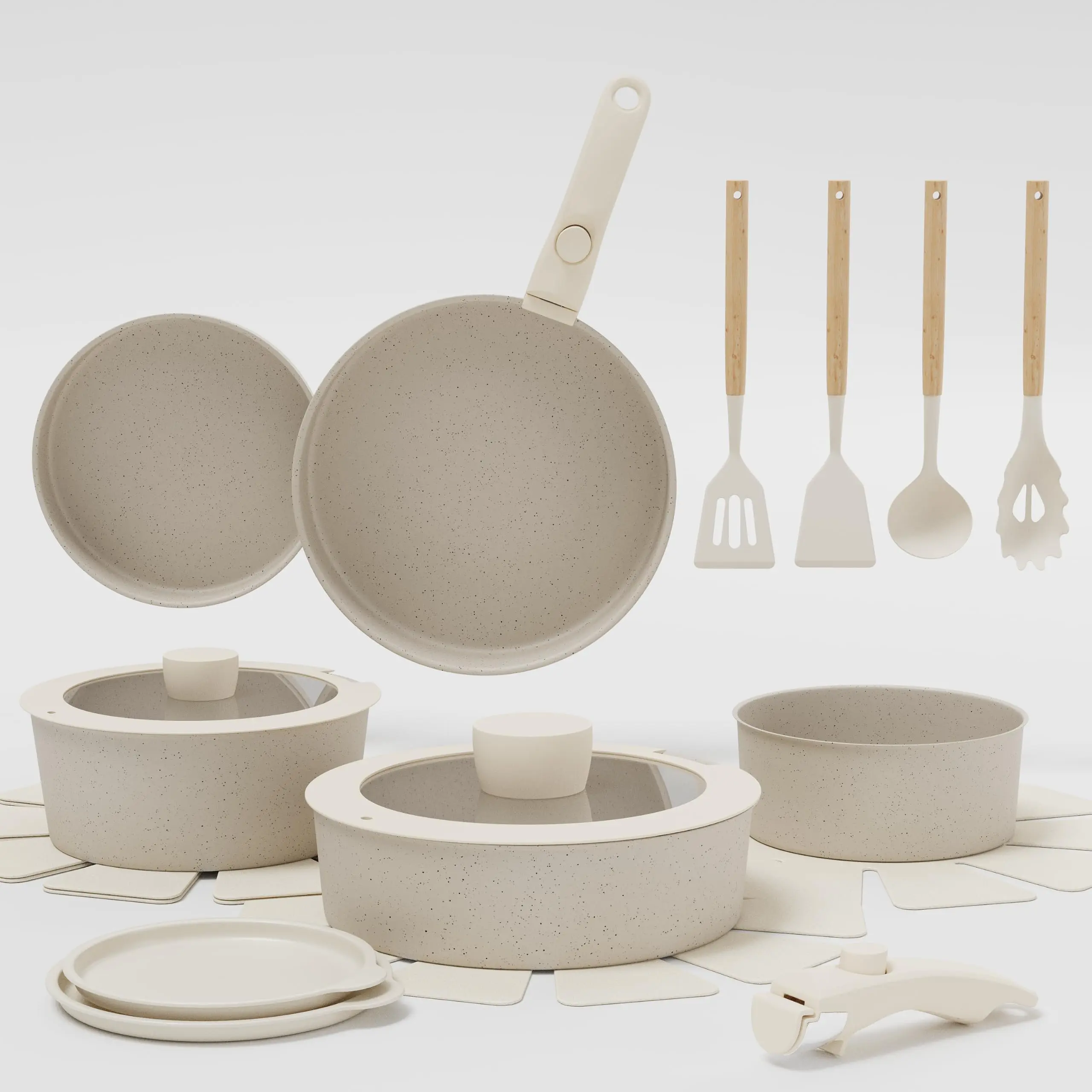 【Christmas Gift】19 Piece Ceramic Nonstick Cookware Set with Detachable Handles, Space Saving Stackable Pots and Pans Set PFAS Free, Induction & Oven Safe Non Toxic Kitchen Cookware Set for RV Home Dorm