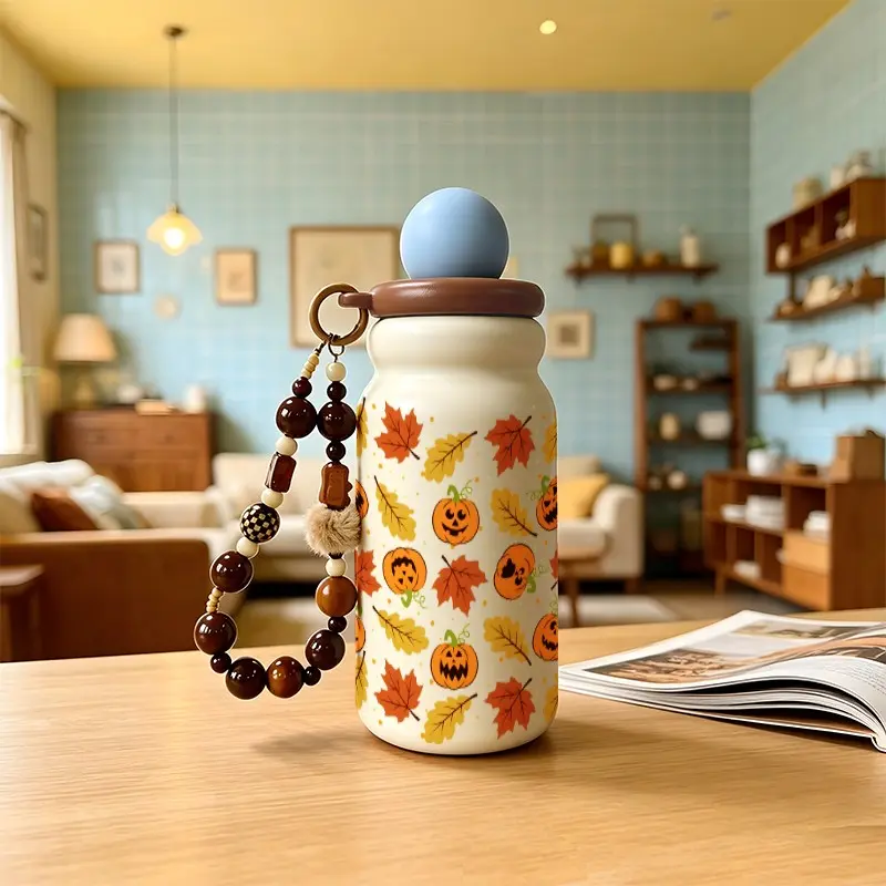 500ML Pumpkin Maple Leaf Insulated Tumbler, Stainless Steel, Leak-Proof, Portable, with Plush Dog Strap, Perfect for Travel, Halloween, Christmas Gift
