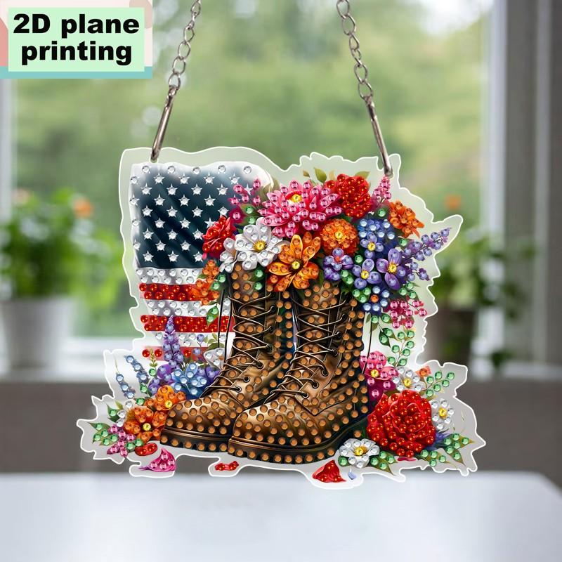 2D Acrylic DIY Diamond Painting Kit, Boot and Floral Design, American Flag, Irregular Diamonds, Home Decor, Perfect Gift