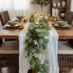 6 Sets 9.8ft White Cheesecloth Table Runner with 5.9ft Artificial Eucalyptus Garland Rustic Boho Wedding Greenery Garland for Table Outdoor Wedding Arch Baby Showers Bridal Party Decor