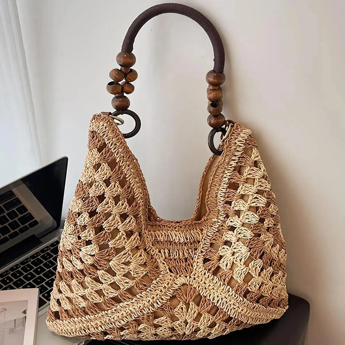 Women’s Handcrafted Striped Crochet Straw Tote Bag - Lightweight Woven Wicker Shoulder-Crossbody Purse with Zipper Closure, Girly Chic Summer Beach & Daily Vacation Bag, Ideal Gift for Women