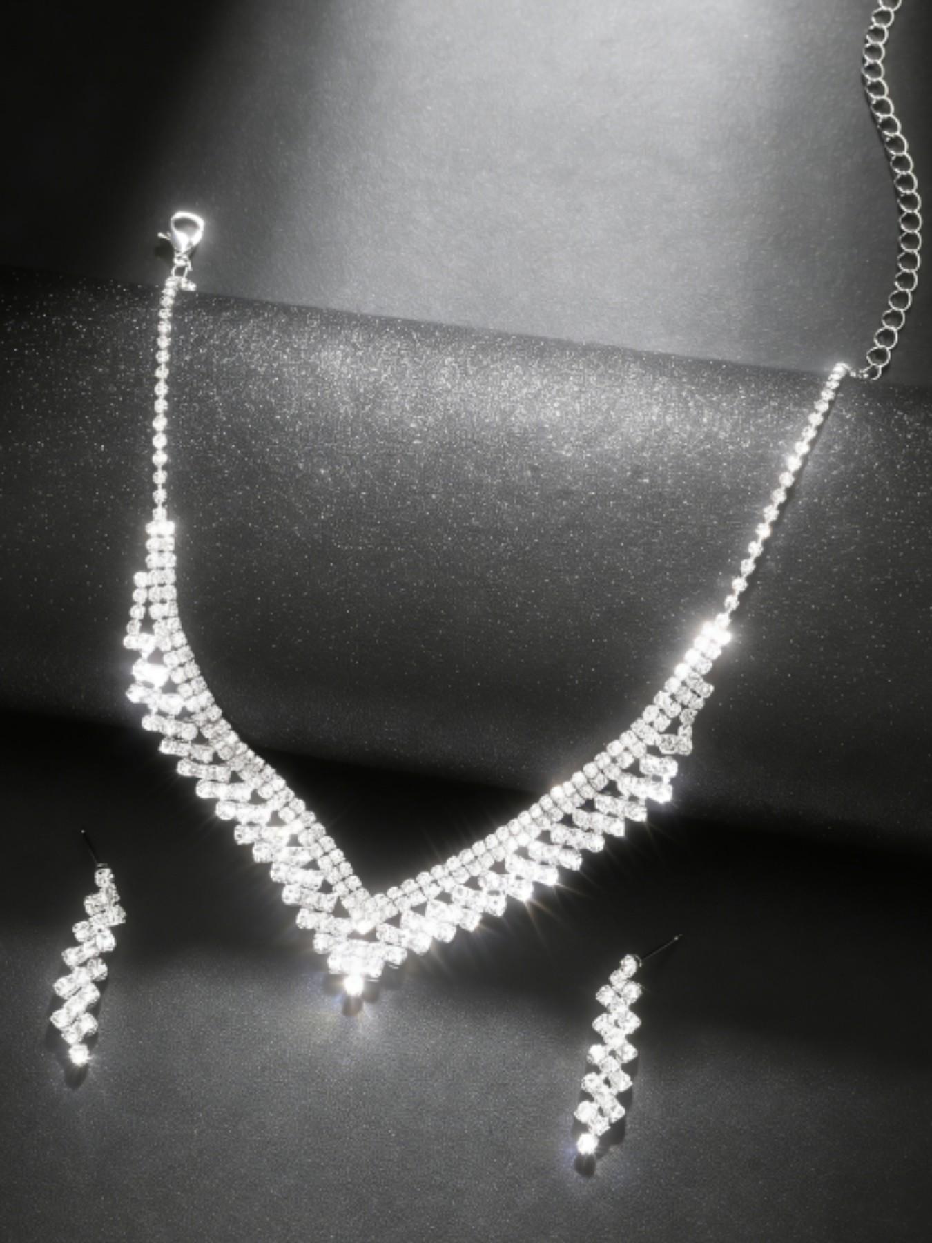 Vintage Luxurious Full Diamond V-Neck Necklace Earrings Set, Bride Wedding Dinner Elegant Accessories, Casual All Seasons Style