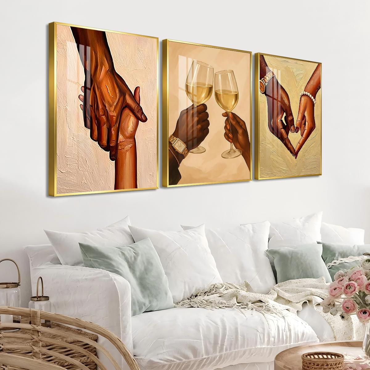 3 Counts Aluminum Alloy Framed Painting, Romantic Couple Hands And Wine Glass Canvas Art, Home Decoration For Living Room, Bedroom, Office, Restaurant, Hallway Wall Decor, Odorless Print Artwork, Luxury Perfect Gift For Friends And Family