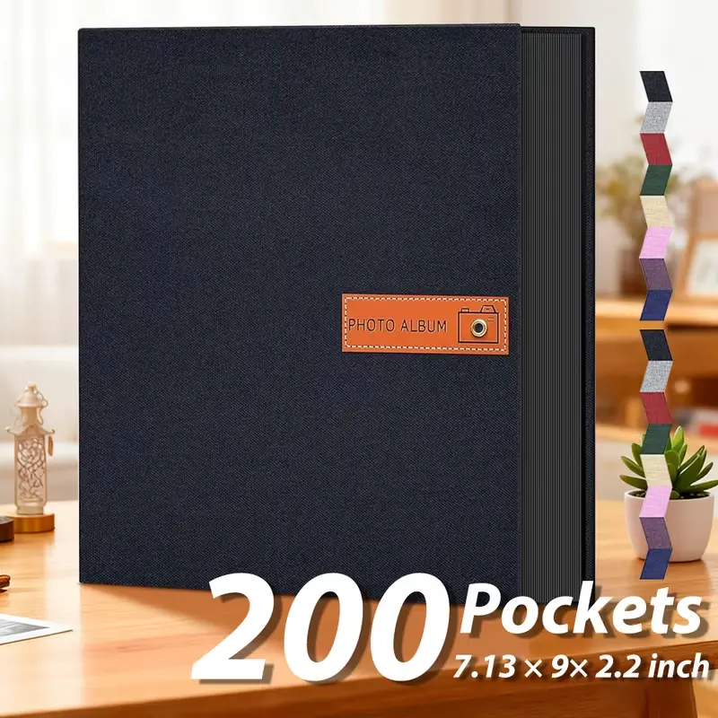 4x6 Photo Album 200 Pictures, Linen Hardcover, Reinforced Spine | Compact 200-Photo Capacity, Acid-Free PP Slip-In Pockets, 2 Photos per Page, Black Inner Pages, No Memo Space