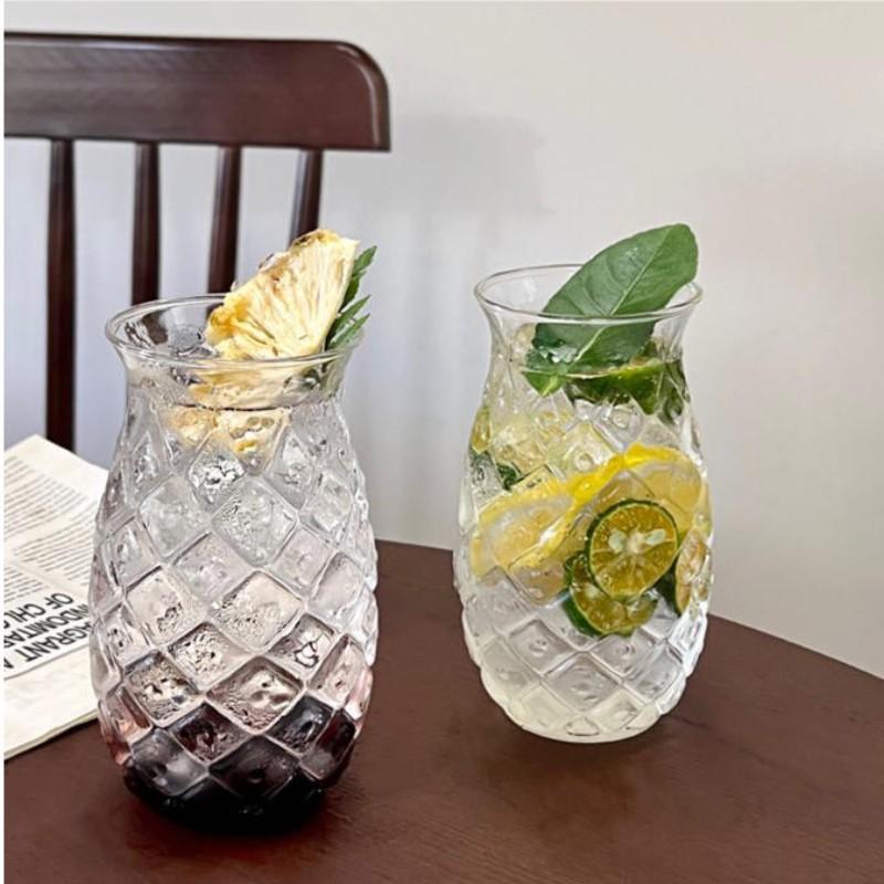 Creative Embossed Pineapple Glass Cups, Drinking Glasses, Glass Beverage Cups, Unique Glass Mugs for Coffee, Cold Drinks & Sparkling Water, Glass Iced Coffee Cups, Stylish Drinkware for Home Use