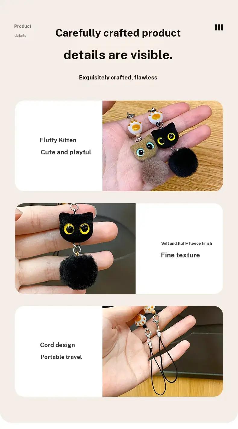 Flocked big-eyed black cat cartoon phone chain pendant, exquisite and cute beaded bag keychain pendant, children's gift