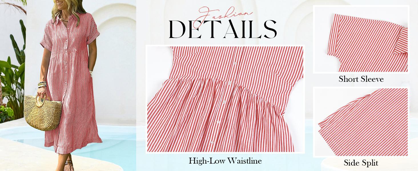 Chouyatou Women's Loose Midi Striped Shirt Dress Bohemian Side Slit Dress with Pockets SpringStatements